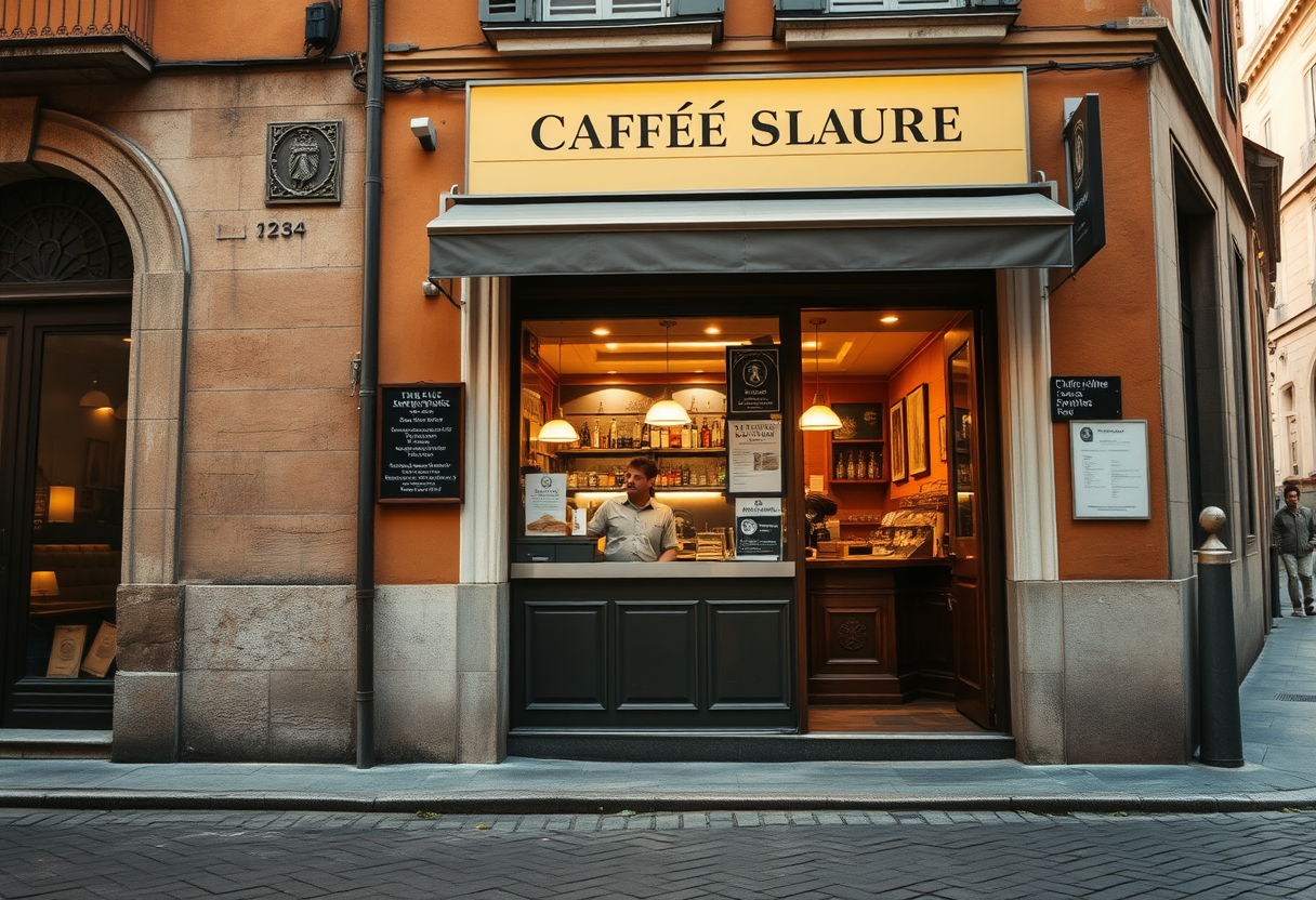 A traditional corner bar in Rome's historic center with a customer at the counter, warm afternoon light on cobblestones outside.