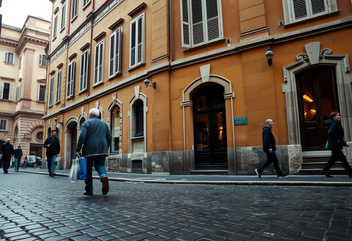 A cobblestone alley in Rome's historic centre with a resident walking past ochre façades under soft overcast light.
