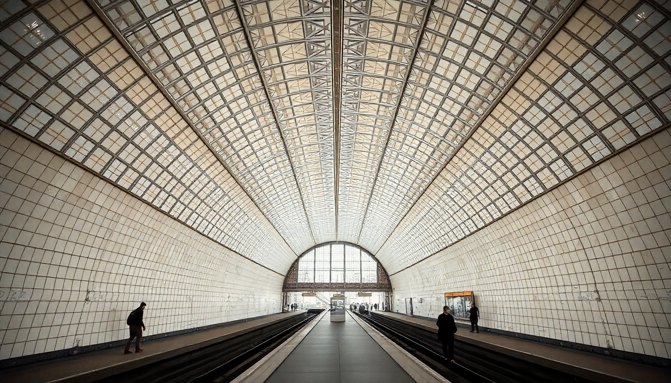 Châtelet-Les Halles metro station interior showing vaulted tile ceiling and platforms with morning commuters in Paris.