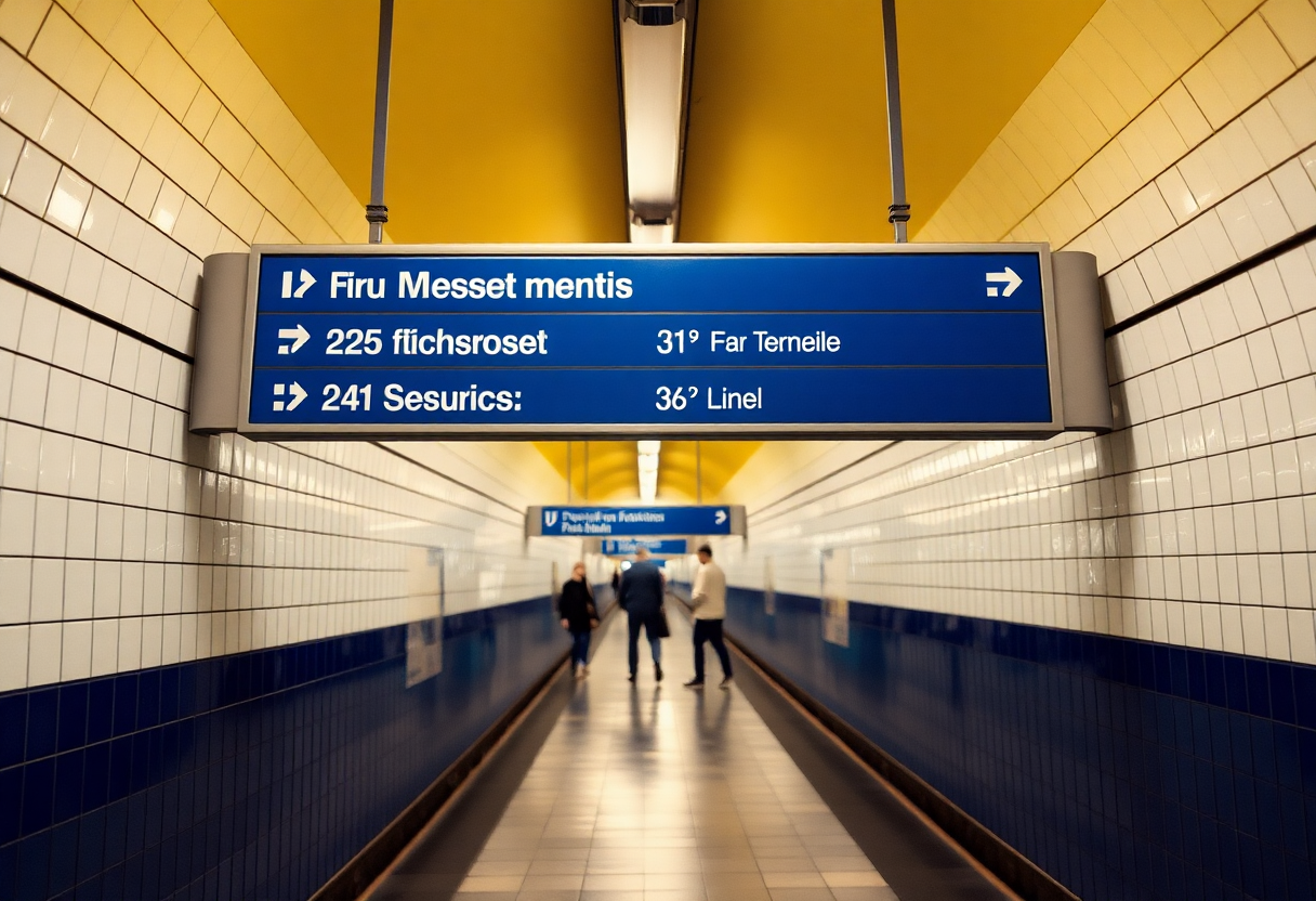 Blue correspondence sign in a Paris Metro transfer corridor displays line numbers and terminal directions under yellow lighting.