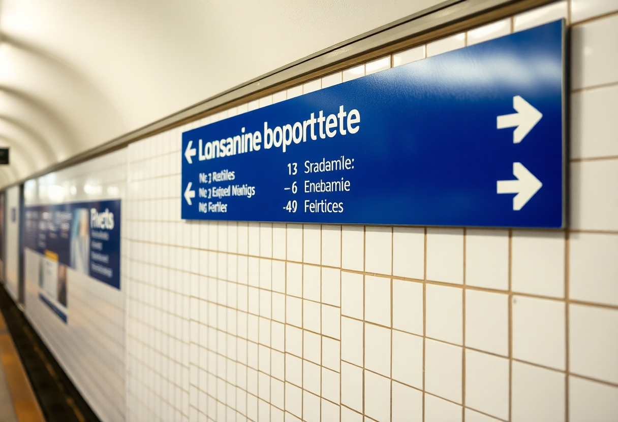 Blue correspondence sign panel in Paris Metro corridor showing directional arrows and line numbers for passenger transfers between platforms.