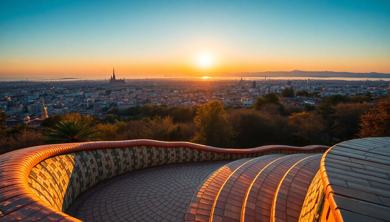 Park Güell's mosaic serpentine bench curves along the terrace with panoramic views of Barcelona and the Mediterranean at sunset.