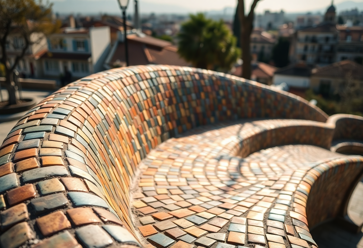 The serpentine bench at Park Güell showcases Gaudí's colorful broken tile mosaics in afternoon light with Barcelona in the background.