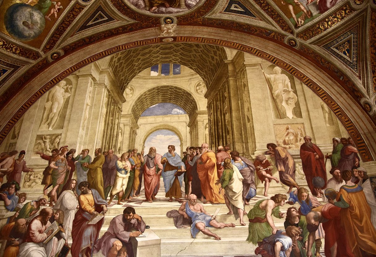 School of Athens fresco by Raphael with Plato and Aristotle at the centre, framed by a painted arch