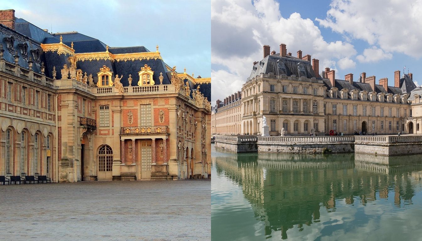 Palace of Versailles facade glowing in warm golden light, with slate roofs and a cobbled courtyard / Fontainebleau palace wing with slate roofs and chimneys reflected in the Carp Pond under a cloudy sky