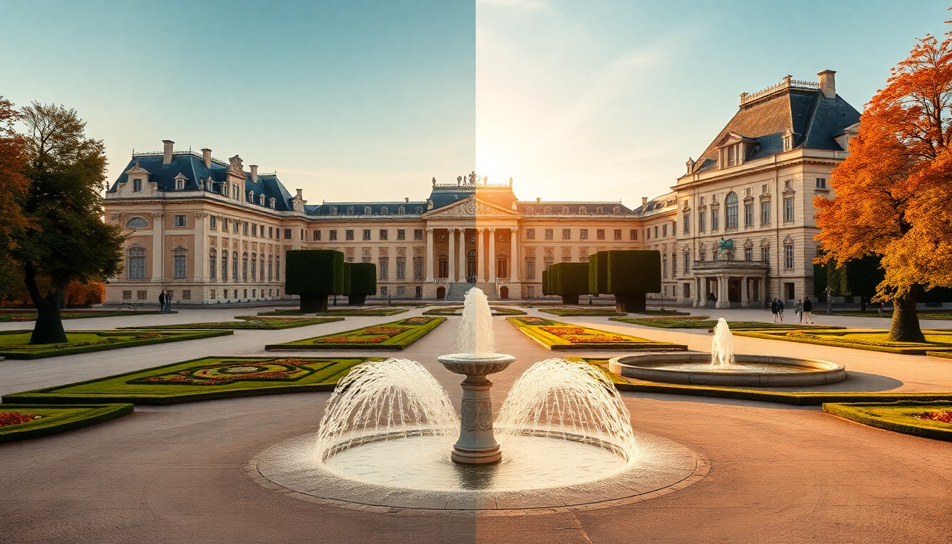 Split view comparing Versailles palace with its fountain gardens and Fontainebleau château with its forest approach in golden hour light.