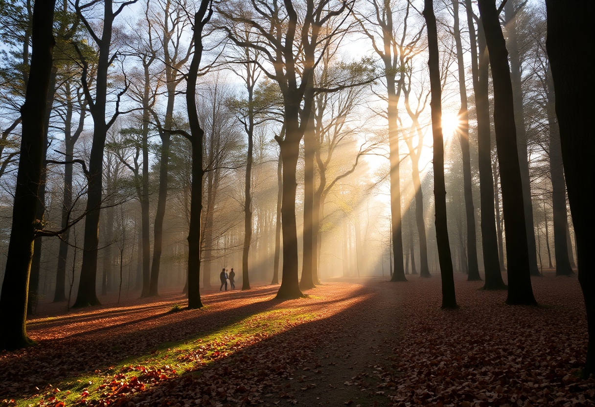 Morning light filters through the ancient beech forest surrounding Château de Fontainebleau with mist between the trees.