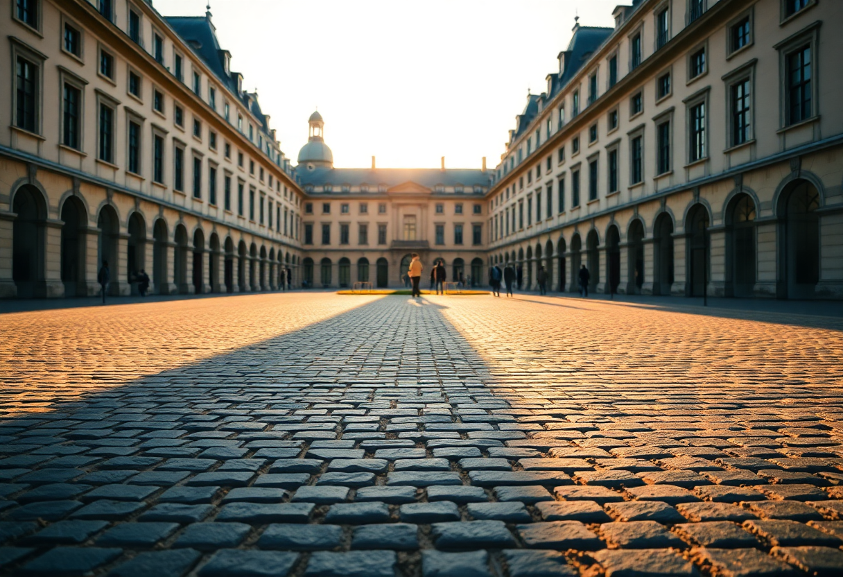 Fontainebleau Palace's Cour du Cheval Blanc courtyard at morning with empty cobblestones and Renaissance facades in soft light.