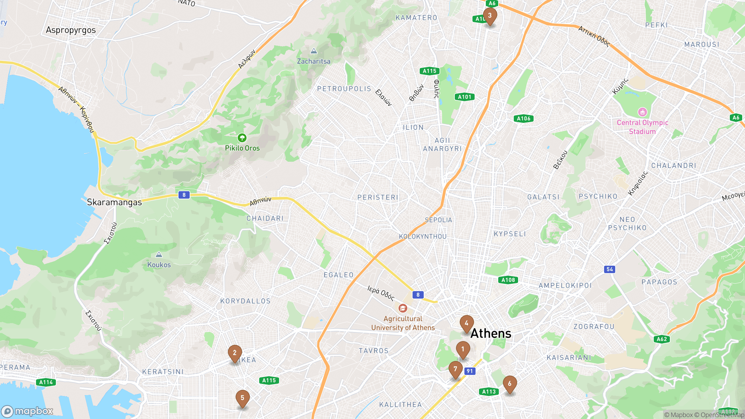 Map of Athens highlighting Erechtheion, Temple of Athena Nike, Plaka, Adrianou Street.