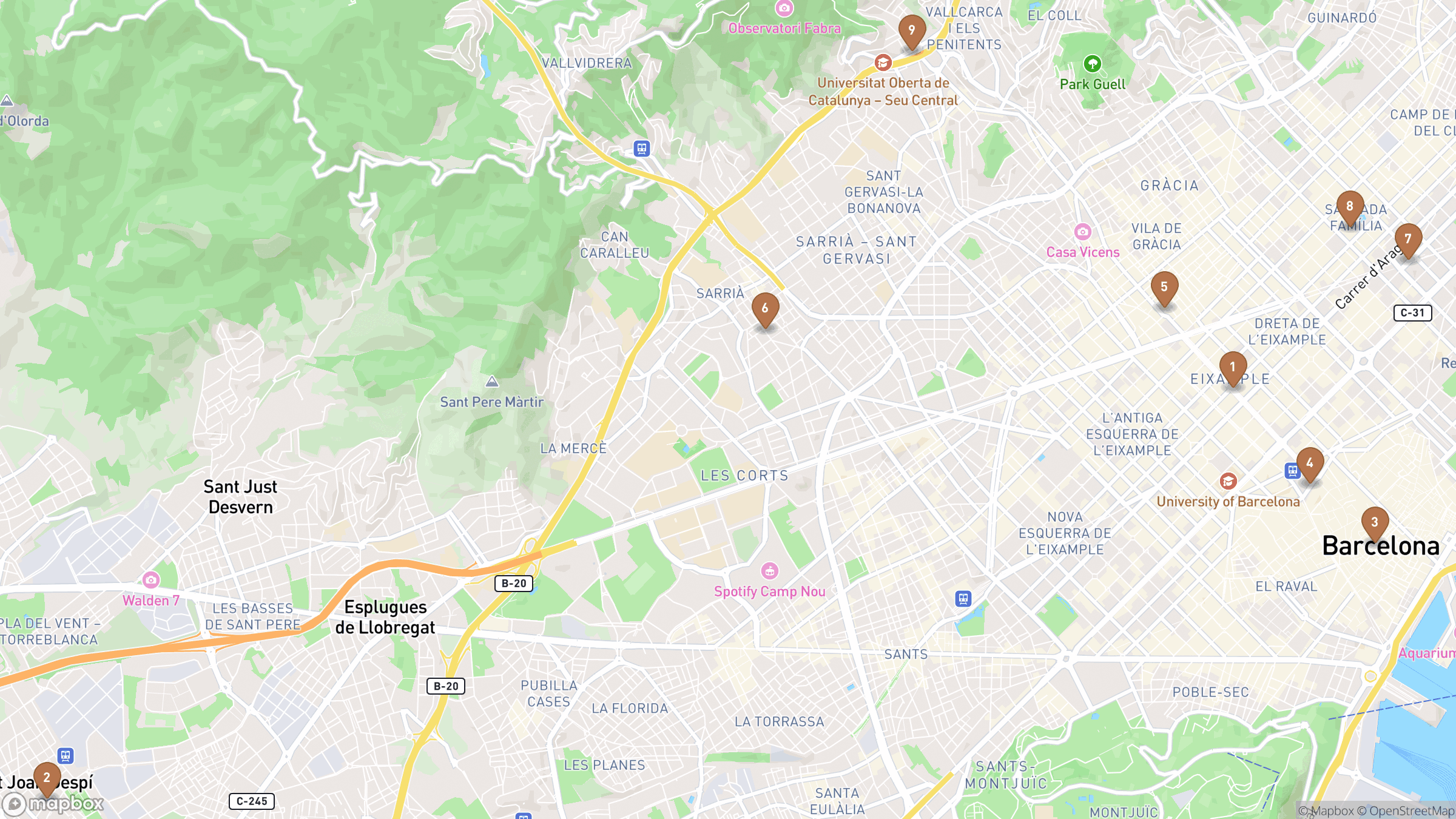 Map of Barcelona highlighting Passeig de Gràcia, Montjuïc, Gothic Quarter, Plaça Catalunya.