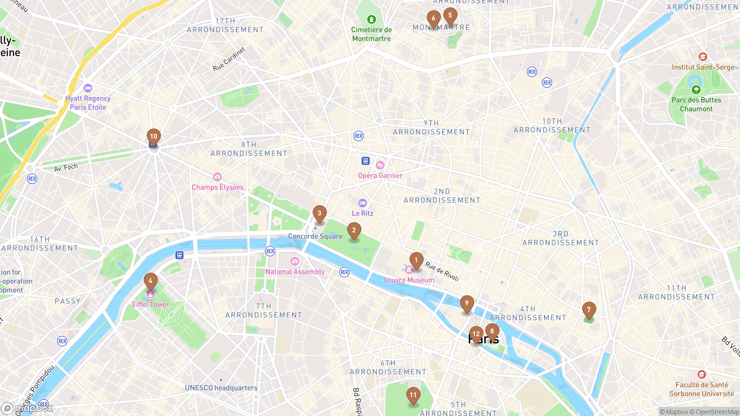 Map of Paris highlighting Louvre, Tuileries Garden, Place de la Concorde, Eiffel Tower.