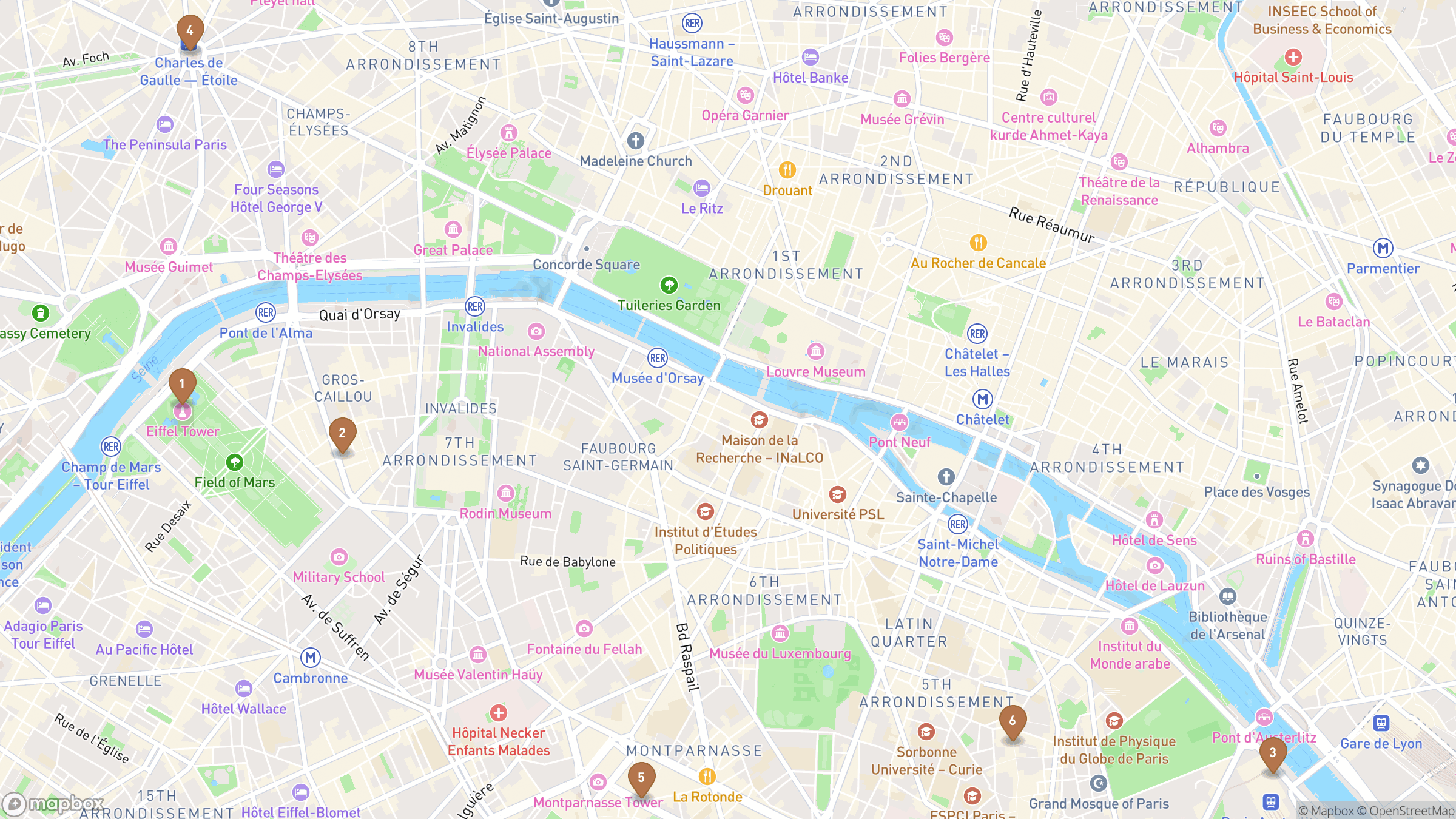 Map of Paris highlighting Eiffel Tower, Champ de Mars, Seine, Arc de Triomphe.