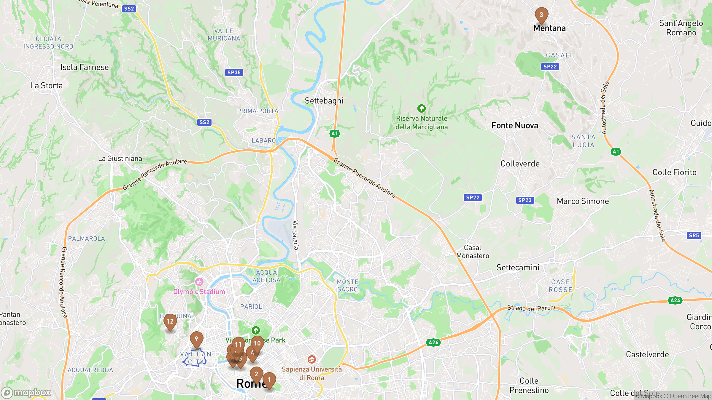 Map of Rome highlighting Colosseum, Roman Forum, Palatine Hill, Trevi Fountain.