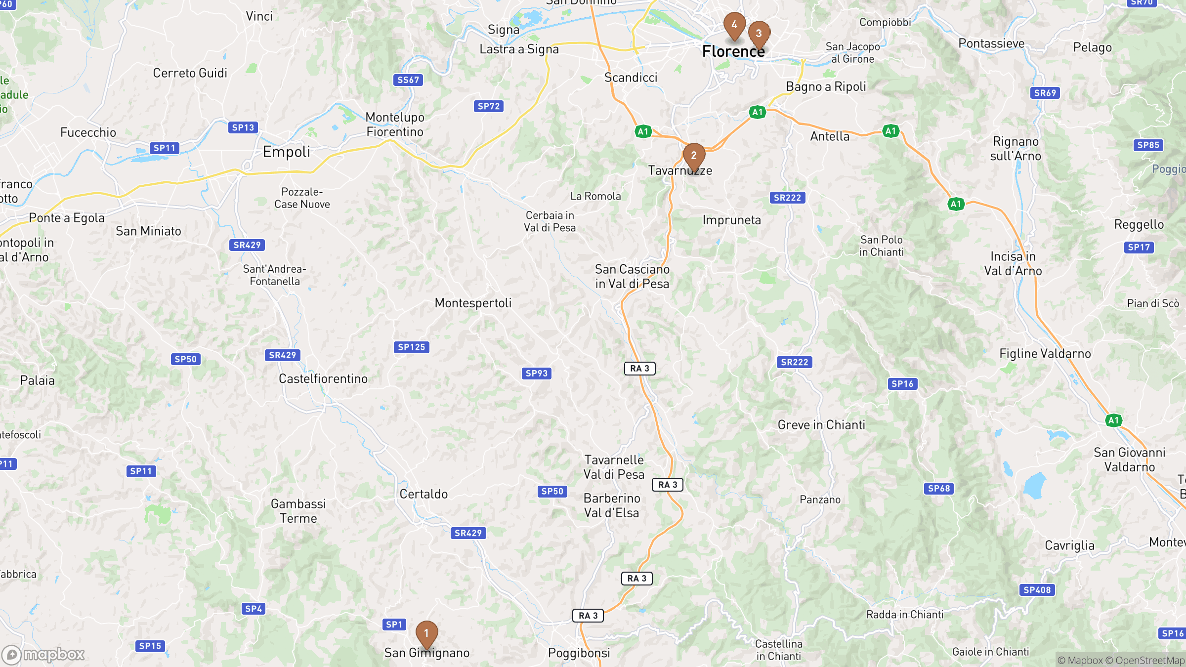 Day 1 itinerary map showing Duomo, Brunelleschi's Dome, Giotto's Bell Tower, Museo dell'Opera del Duomo.