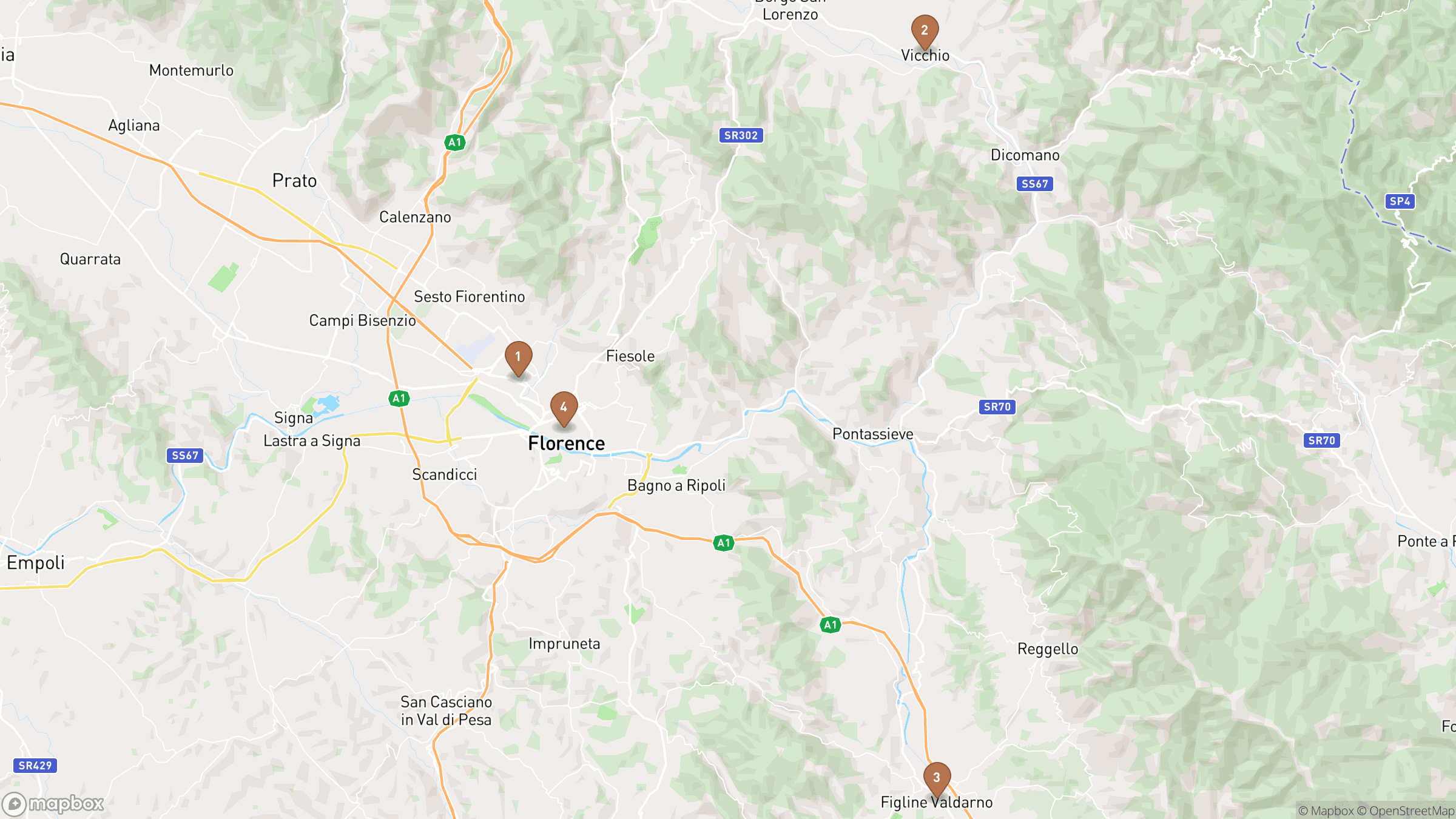Day 2 itinerary map showing Uffizi, Palazzo Vecchio, Santa Croce, San Lorenzo.