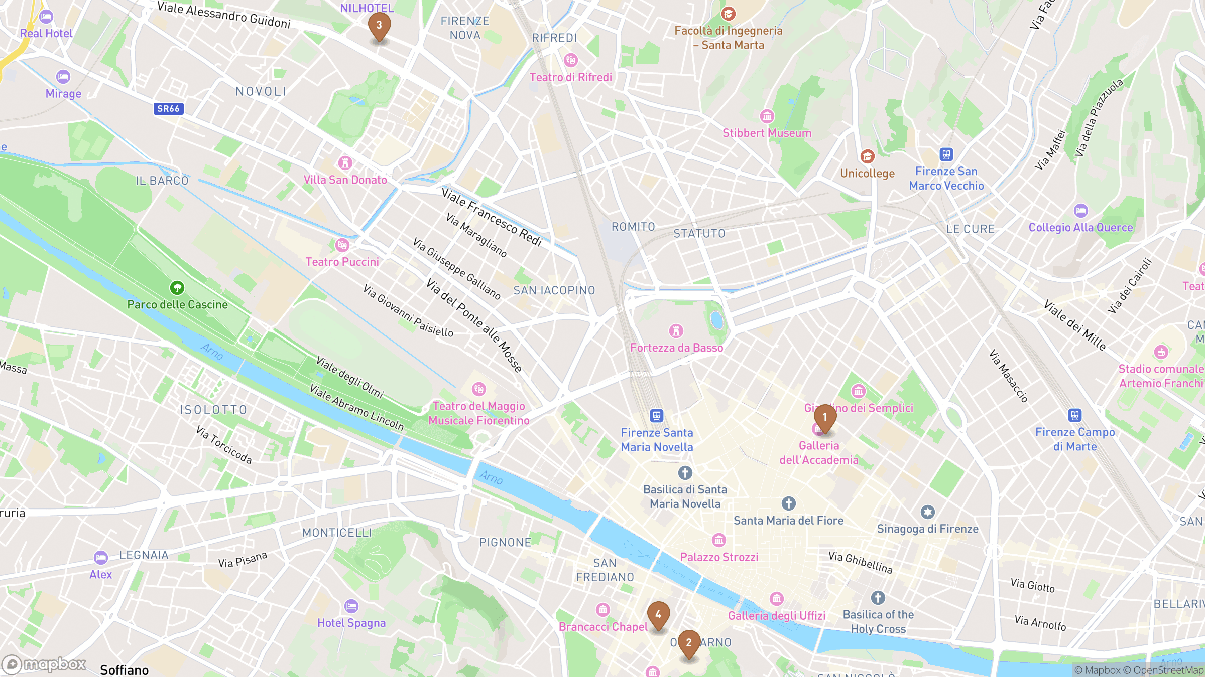 Day 3 itinerary map showing Accademia Gallery, Pitti Palace, Palatine Gallery, Santo Spirito.