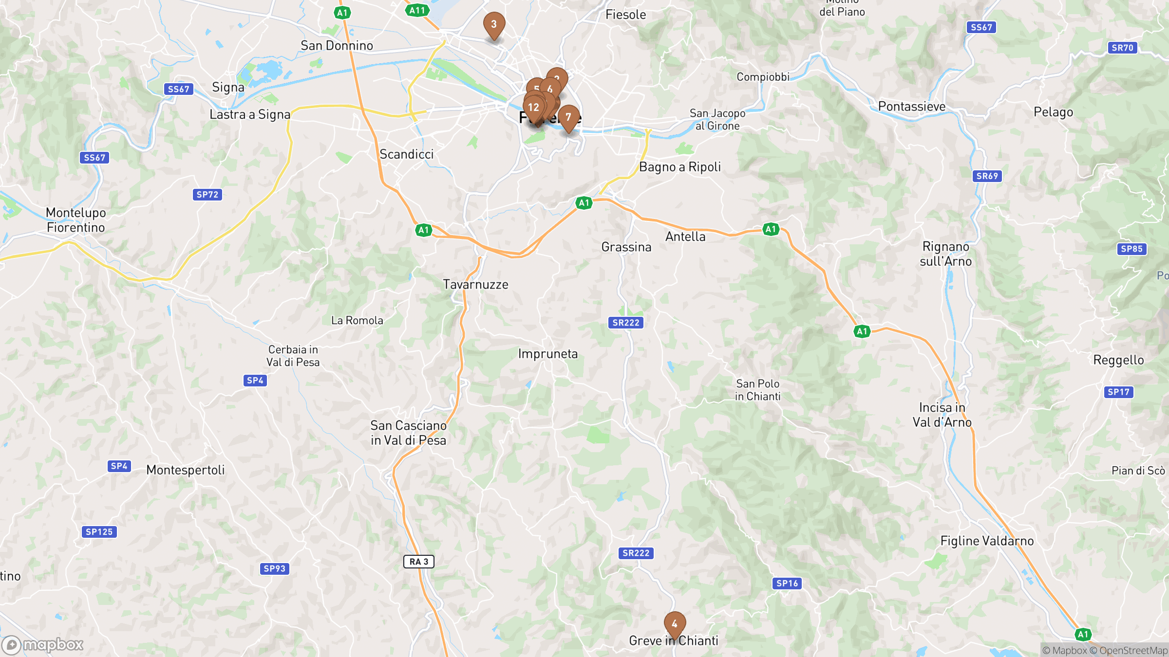 Map of Florence highlighting Uffizi Gallery, Galleria dell'Accademia, Bargello National Museum, Santa Croce.