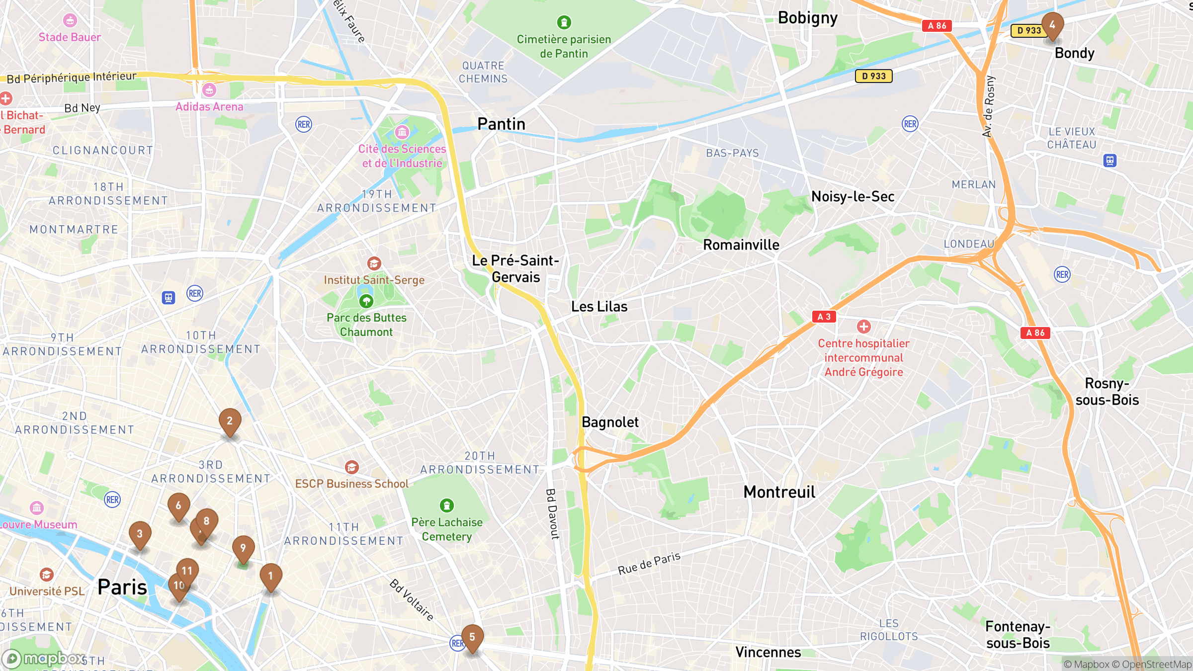 Map of Paris highlighting Place de la Bastille, Place de la République, Place de l'Hôtel de Ville, Jardin Anne Frank.