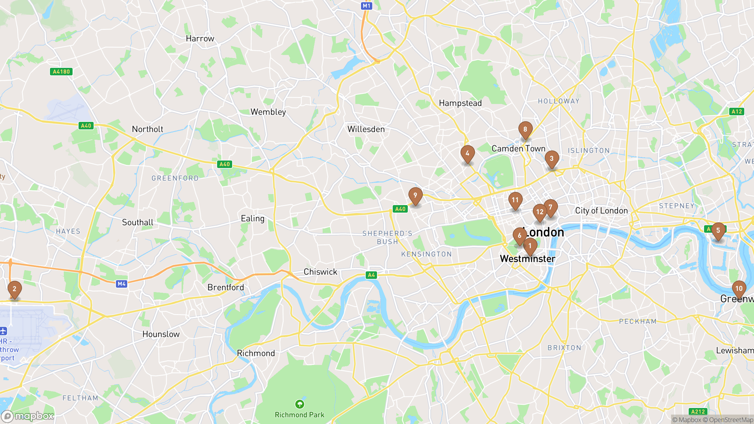 Map of London highlighting Westminster Underground station, Heathrow, King's Cross, Oxford Circus.