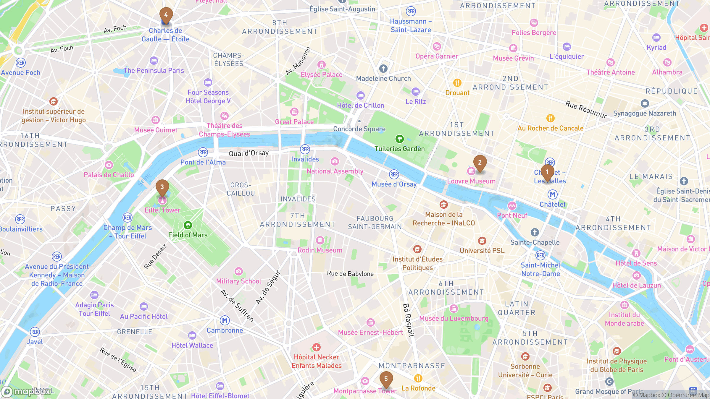 Map of Paris highlighting Châtelet-Les Halles, Louvre, Eiffel Tower, Arc de Triomphe.