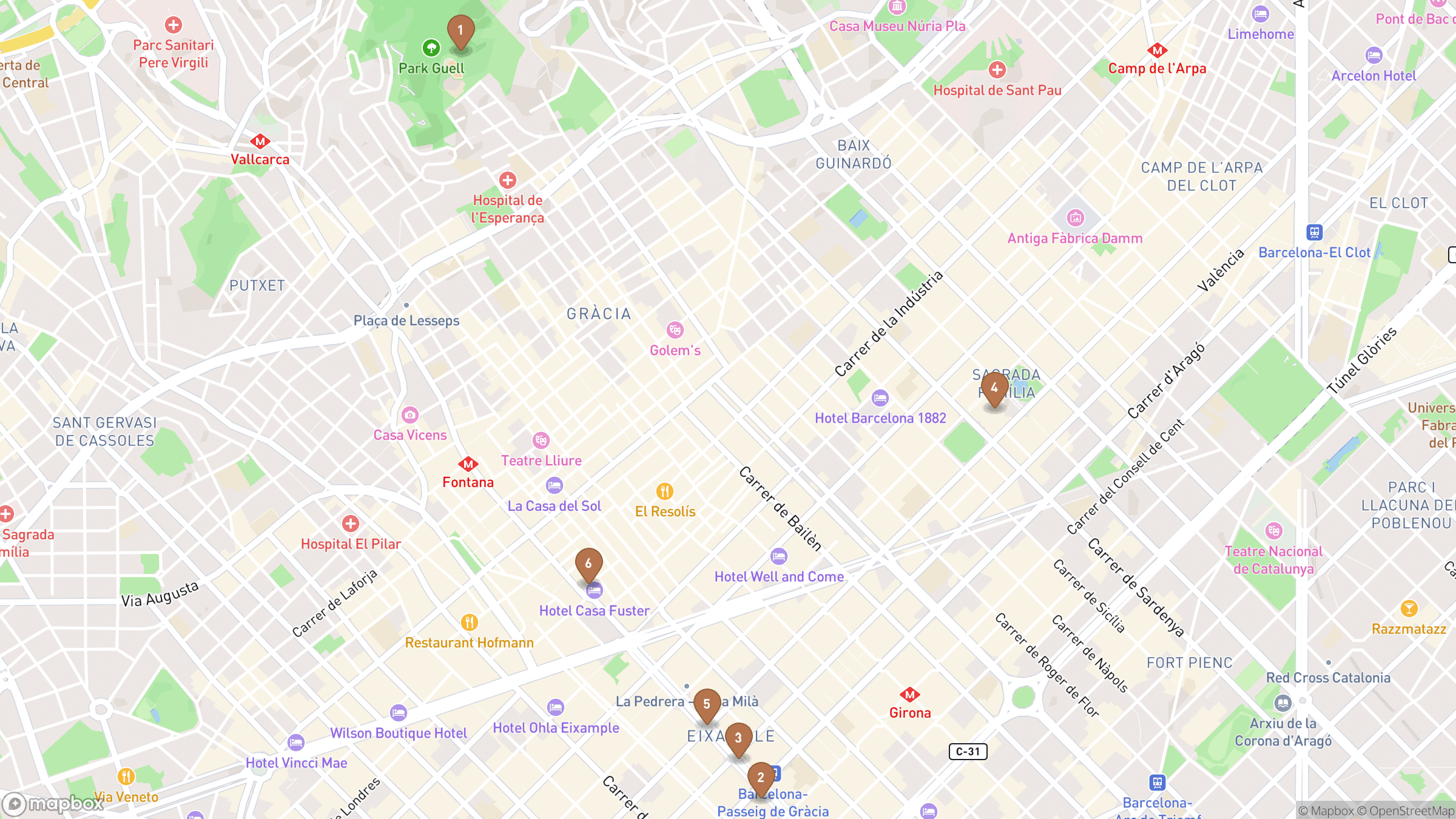 Map of Barcelona highlighting Park Güell, Casa Batlló, Passeig de Gràcia, Sagrada Familia.
