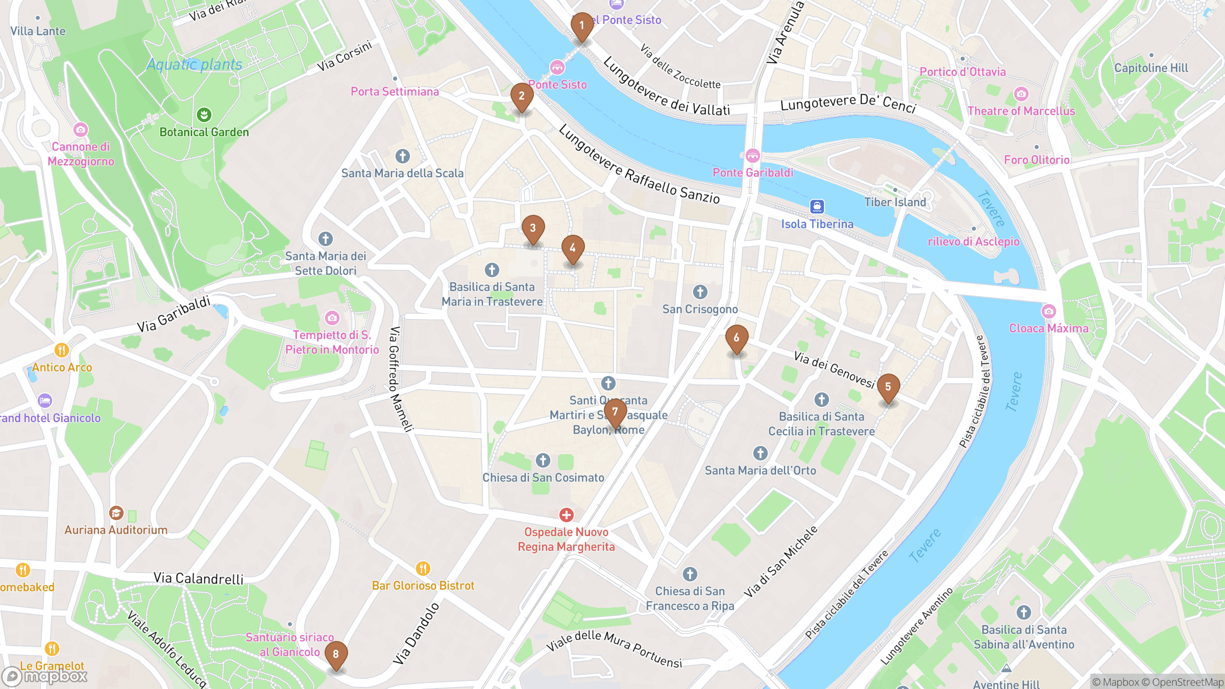 Map of Rome highlighting Ponte Sisto, Piazza Trilussa, Piazza Santa Maria in Trastevere, Piazza San Calisto.