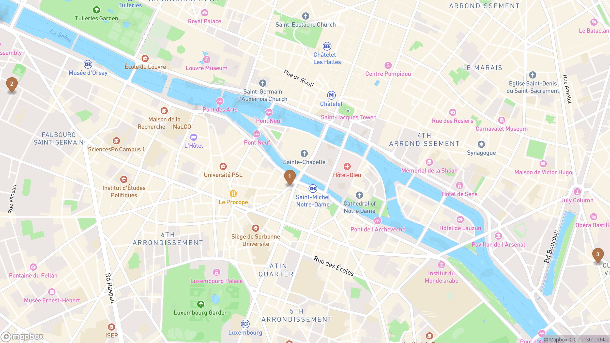 Map of Paris highlighting Saint-Michel–Notre-Dame, Invalides, Gare de Lyon.