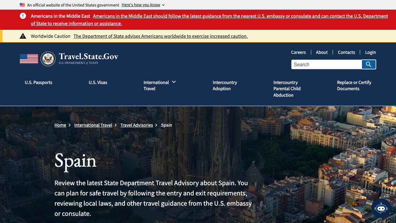 U.S. Department of State official travel advisory with current safety information for Spain.