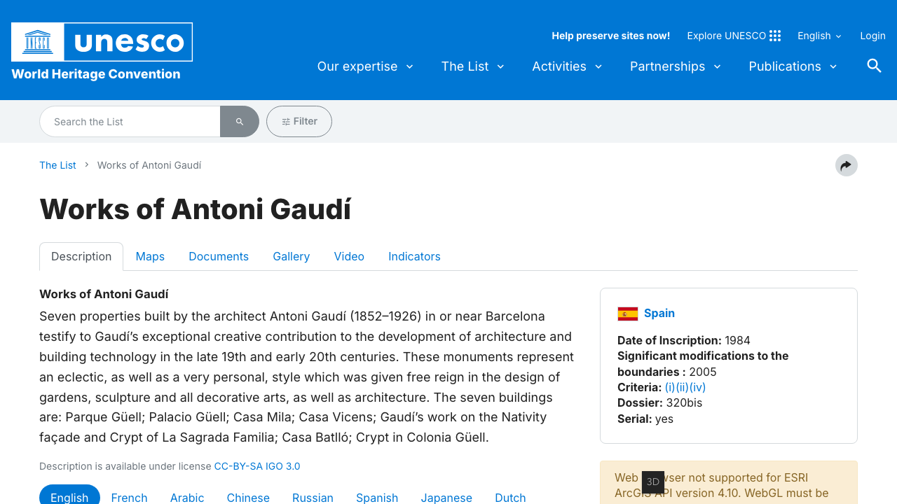 UNESCO World Heritage Centre listing of Antoni Gaudí's architecturally significant works in Barcelona.