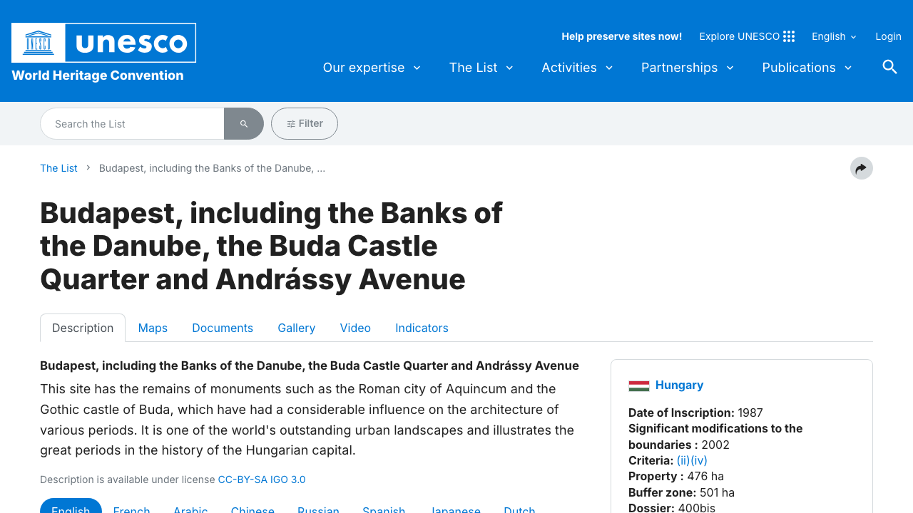 UNESCO World Heritage Centre listing for Budapest's Buda Castle Quarter and Danube riverbanks designation.