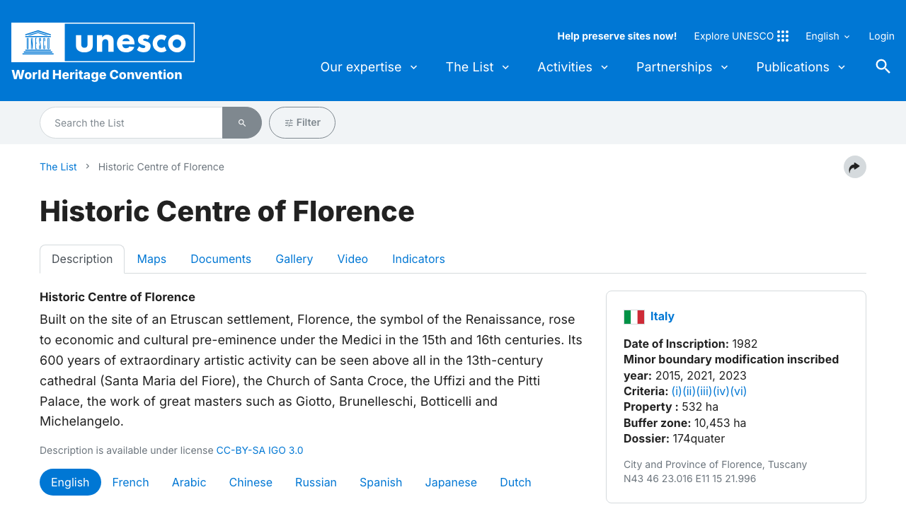 UNESCO World Heritage Centre official designation details for Florence's historic Renaissance center.