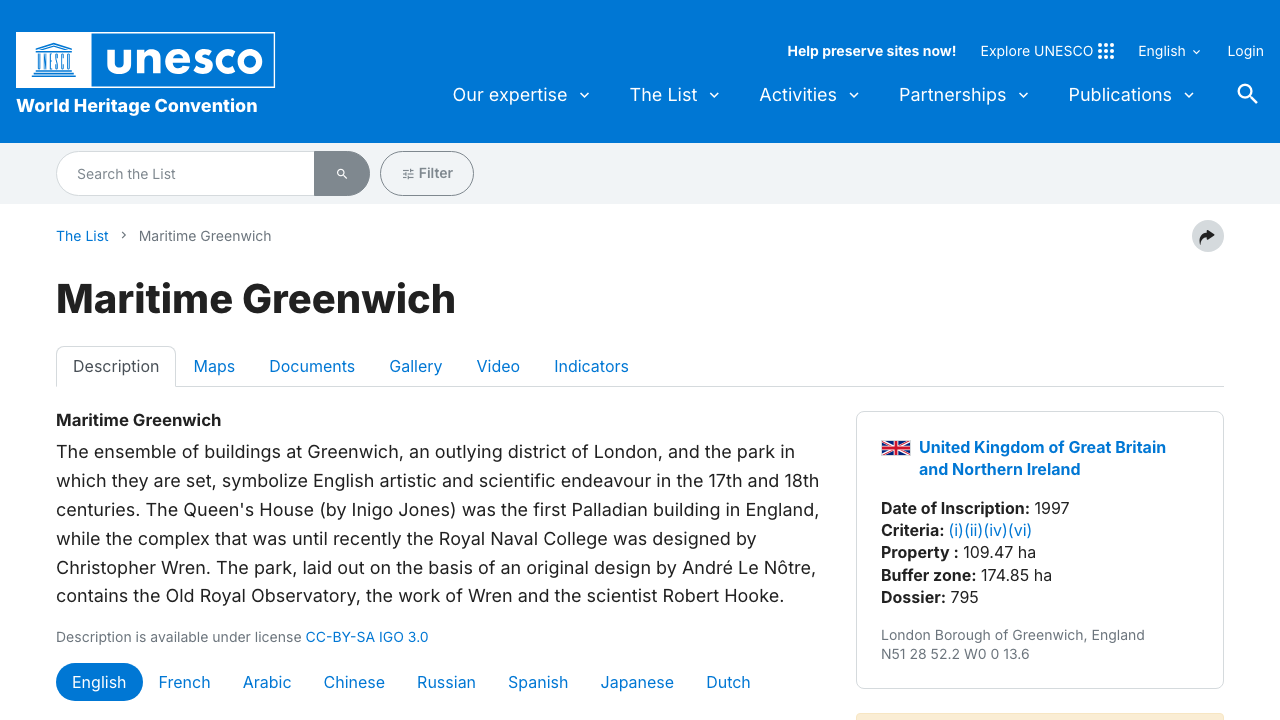 UNESCO World Heritage Centre official listing for Maritime Greenwich and its historic significance.